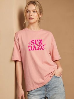 Bewakoof - Pink Typography Pure Cotton Oversized T-Shirt