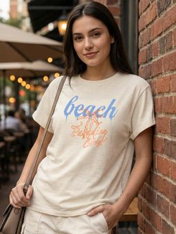 Bewakoof - Beige Typography Polyester Blend Regular T-Shirt