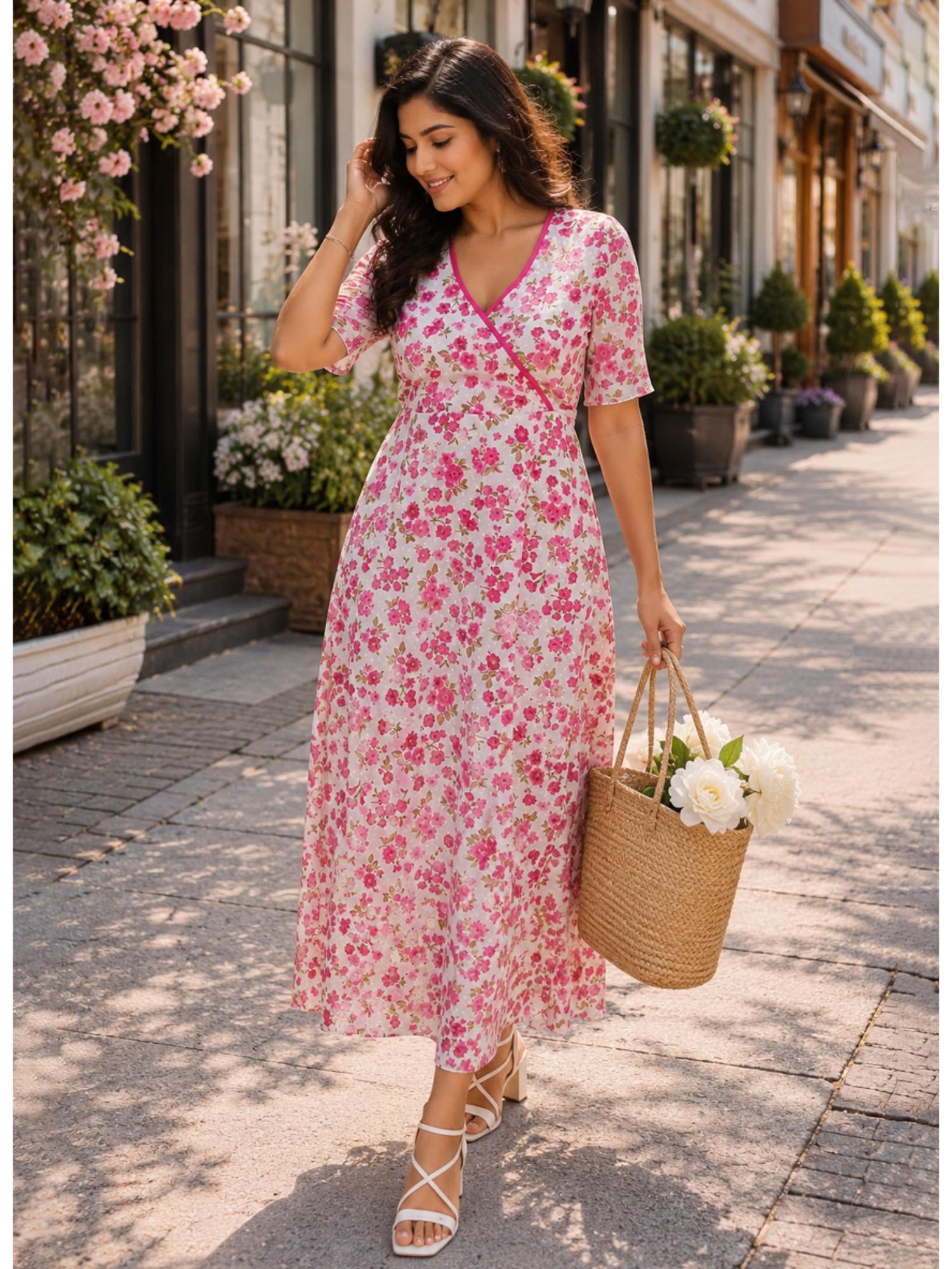qurvii Pink Floral Georgette Regular Dress-picture-33