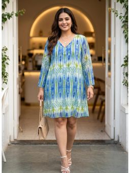 Qurvii - Blue Printed Polyester Regular Dress