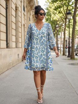 Qurvii - Blue Floral Polyester Regular Dress