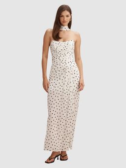 Forever New - White Polka Dots Linen Bodycon Dress with Scarf