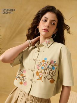 The Souled Store - Beige Embroidered Polyester Blend Oversized Shirt