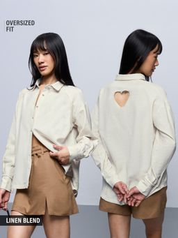 The Souled Store - Ivory Solid Cotton Linen Blend Oversized Shirt