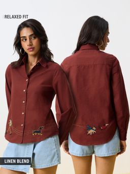 The Souled Store - Brown Embroidered Cotton Linen Blend Relaxed Shirt