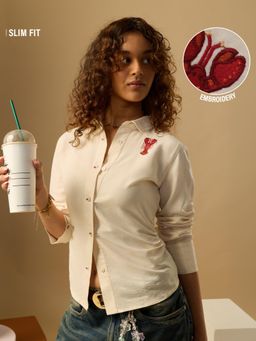 The Souled Store - Cream Embroidered Polyester Slim Shirt