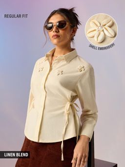 The Souled Store - Cream Embroidered Cotton Linen Blend Regular Shirt