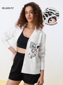 The Souled Store - White Printed Cotton Blend Relaxed Shirt