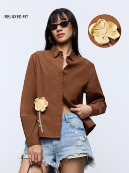 The Souled Store - Brown Solid Pure Cotton Relaxed Shirt