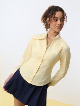 The Souled Store - Yellow Embroidered Cotton Slim Shirt