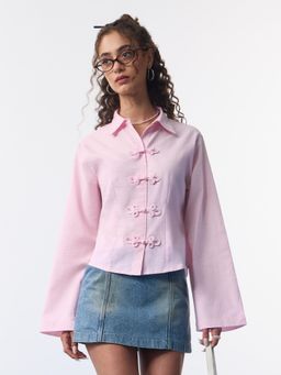 The Souled Store - Pink Embroidered Cotton Linen Blend Oversized Shirt