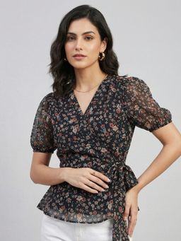ANVI Be Yourself - Black Floral Woven Regular Top