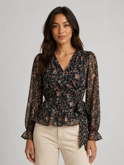 ANVI Be Yourself - Black Floral Woven Regular Top