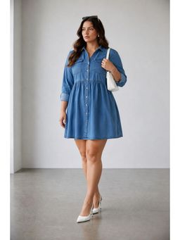 Virgio - Blue Solid Cotton Flared Dress