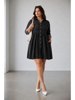 Virgio - Black Solid Cotton Flared Dress