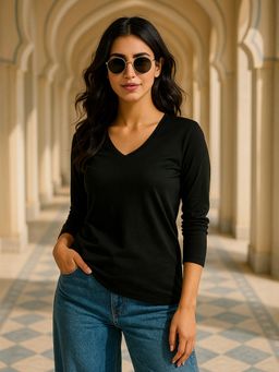 JUNEBERRY - Black Solid Lycra Regular T-Shirt