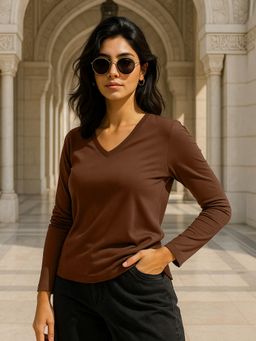 JUNEBERRY - Brown Solid Lycra Regular T-Shirt