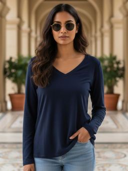 JUNEBERRY - Navy Blue Solid Lycra Regular T-Shirt