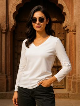 JUNEBERRY - White Solid Lycra Regular T-Shirt