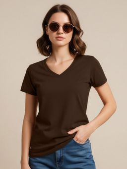 JUNEBERRY - Brown Solid Lycra Regular T-Shirt