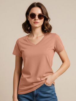 JUNEBERRY - Peach Solid Lycra Regular T-Shirt