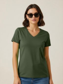 JUNEBERRY - Olive Solid Lycra Regular T-Shirt