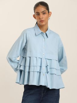Label Ritu Kumar - Blue Floral Cotton Blend Regular Top