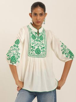 Label Ritu Kumar - White Embroidered Cambric Relaxed Top