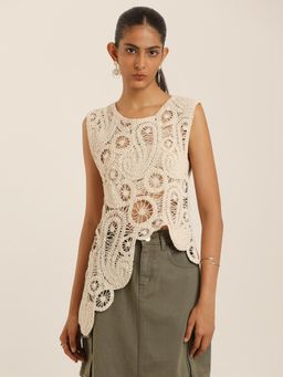 Label Ritu Kumar - Off White Embroidered Lace Regular Top