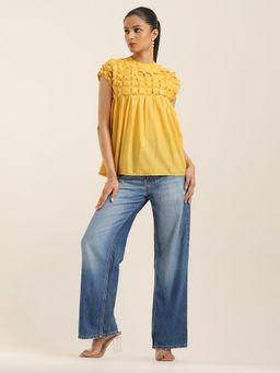 Label Ritu Kumar - Yellow Solid Cotton Regular Top
