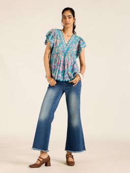 Label Ritu Kumar - Turquoise Printed Cotton A-Line Top