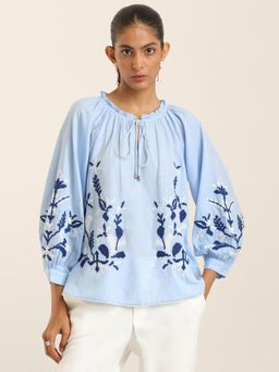 Label Ritu Kumar - Blue Embroidered Chambray Loose Top