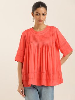 Label Ritu Kumar - Coral Textured Modal Regular Top