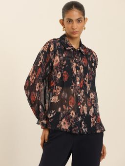 Label Ritu Kumar - Black Printed Polyester Blend Regular Top