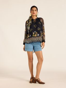 Label Ritu Kumar - Black Printed Chiffon Regular Top