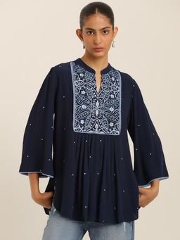 Label Ritu Kumar - Navy Blue Embroidered Viscose Blend Regular Top