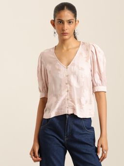 Label Ritu Kumar - Beige Printed Viscose Blend Regular Top