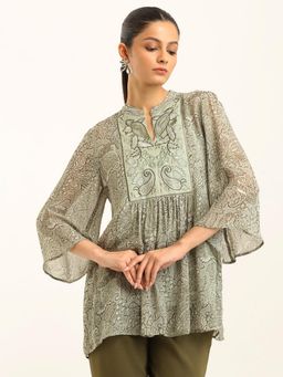 Label Ritu Kumar - Green Printed Viscose Blend Regular Top
