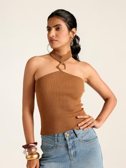Label Ritu Kumar - Brown Textured Viscose Blend Fitted Top