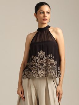 Label Ritu Kumar - Black Embroidered Viscose Regular Top with Bustier
