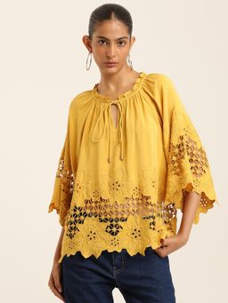 Label Ritu Kumar - Yellow Embroidered Viscose Blend Loose Top