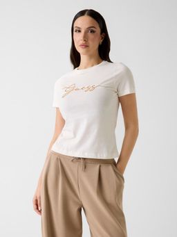 Guess - White Embroidered Pure Cotton Slim T-Shirt