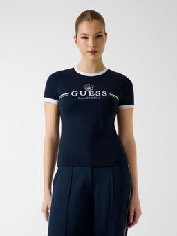 Guess - Navy Blue Solid Pure Cotton Slim T-Shirt