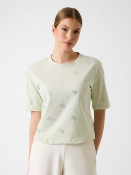 Guess - Green Embellished Pure Cotton Boxy T-Shirt