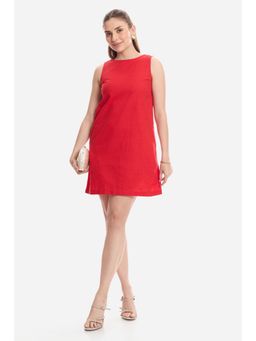 Virgio - Red Solid Cotton A-Line Dress
