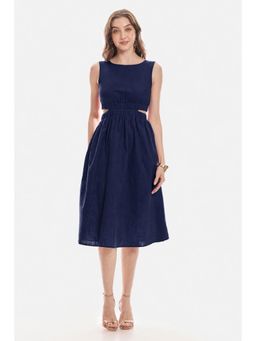 Virgio - Navy Blue Solid Cotton Flared Dress