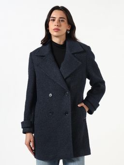 Guess - Navy Blue Solid Wool Blend Regular Overcoat