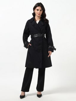 Guess - Black Solid Cotton Regular Trench Coat