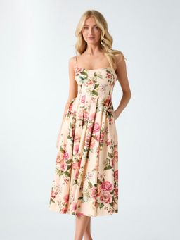 Guess - Beige Printed Linen Flared Dress