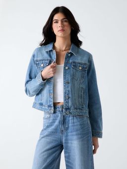 Guess - Blue Solid Pure Cotton Regular Jacket